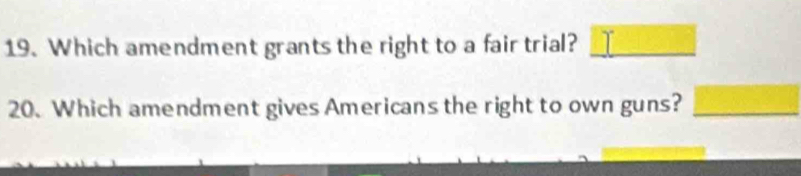 Which amendment grants the right to a fair trial? 
20. Which amendment gives Americans the right to own guns?_