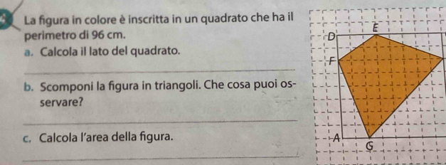 La figura in colore è inscritta in un quadrato che ha il 
perimetro di 96 cm. 
a Calcola il lato del quadrato. 
_ 
b. Scomponi la figura in triangoli. Che cosa puoi os- 
servare? 
_ 
_ 
c. Calcola l’area della figura.