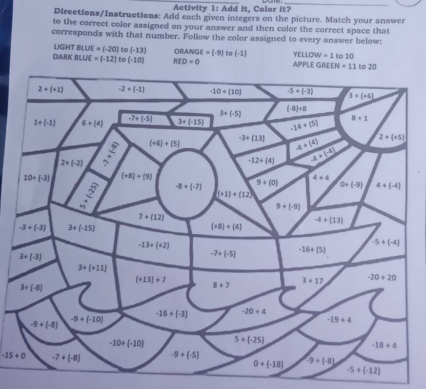 Activity 1: Add it, Color it?
_
Directions/Instructions: Add each given integers on the picture. Match your answer
to the correct color assigned on your answer and then color the correct space that
corresponds with that number. Follow the color assigned to every answer below:
LIGHT BLUE =(-20) to (-13 ORANGE=(-9) to (-1) YELLOW =1
DARK BLUE =(-12) to (-10) RED=0 APPLE to 10
-15+0