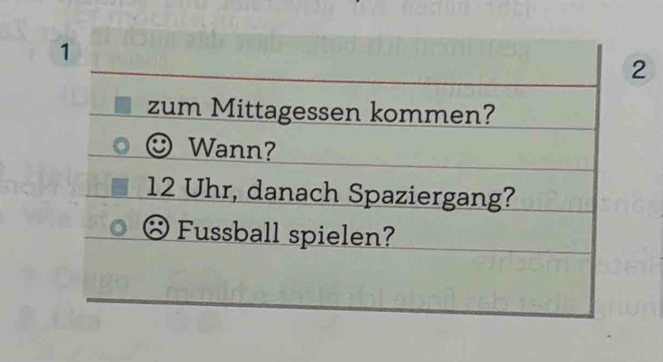 1 
2 
zum Mittagessen kommen? 
Wann? 
12 Uhr, danach Spaziergang? 
Fussball spielen?