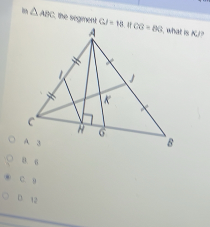 In △ ABC the segment
B. 6
C. 9
D. 12