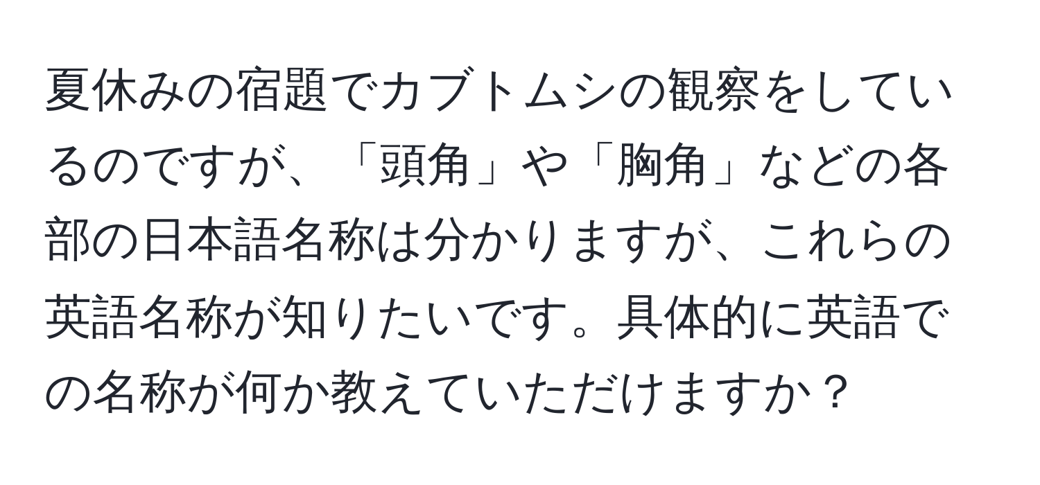 夏休みの宿題でカブトムシの観察をしているのですが、「頭角」や「胸角」などの各部の日本語名称は分かりますが、これらの英語名称が知りたいです。具体的に英語での名称が何か教えていただけますか？