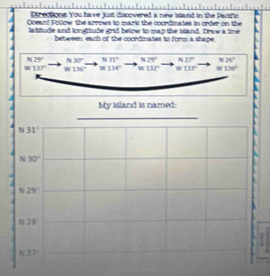 Directions: You have just discovered a new island in the Pacifio
Ocean! Follow the arrows to mark the coordinates in order on the
latitude and longitude grid below to map the island. Draw a line
between each of the coordinates to form a shape,
N 29° N30° N 31° N 28° N 27° N 26°
w137° W136° W 134° W 132° w 133° V V 136°
My island is named:
_
N31°
N30°
N29°
, 2B
N27