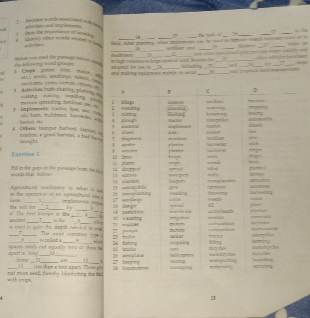 Mention words associated with leth
rds
activities and implements
3  State the importance of farming _34_ _15_ the talk or ____n te
activities field. After planting, other implements can he used to remove waeds hewer nove on to
ind
Identify other woeds related to lat 
Madem 7
iertilise and _hellies ot
Before you read the passage below nm machitery 
the following word groups: in high volumes to large anus of land. Besides te and other speecatlsed pote monde worer mactitly and otler wehitles taoe dot 
26
2 br
ad 1 Crope: grains (rice, maize, m adapted for une in and making equipment moblic, to astia including ___and and busiuak heril maragement
24
etc.i, seeds, seedlings, tubers, tave
cocoyats, yams, cartois, cnútus, el
2 Activities: bush-clearing, planting, n A B C
making, staking, weeding, prie
=e=dirm trastisom
ζ manure spreading, fertiliser use, e 2 weeding 0 tillage planting wetering cronbitg
3 Implements: tracior, foe, ase, cun, 3 cutting hurning Inoserip hneng
silo/barn, bulldøzer, harvester, wa
basket, etc 4 pāough tma ch iper catempiliar aurtorablie
5 paeral
4 Others: bumper harvest, famine, o 6 chisel ik impllarment sciesor thampor chise tae
rotation, a good harvest, a bad han dew
drought. 7 fagmemt plarter m  [ort]ipo harvesier sint
8 suader
Exercise 1 9 weeder heaps plardes +äger
30 lines
Fill in the gaps in the passage from the les 12 deopped 11 pland crops wpratls heas.
words that follow: 13 scrows igarea d sweepers drilis tilles planted frmes
14 planters keepers
Agricultural machinery is what is ue 15 automobille gine iahercatte tratoplate sgatea ferts e    e
in the operation of an agricultural am e 16 transplanting 17 seedlings weeding Chat konrus theowint harvesting
wreeds
farm _1 implements pape
the soil for _”2_ by __18 dangle insecticide spread arwhead ti[ pilan
19 pesticides plastic
it. The best known is the _4_ _whin  the
ancient 5 is the 20 watering irrigation mens cnetrosion
is used to gain the depth needed to reir 22 pumps 21 engines motors car  ioes carburetines inciiitios insteraants
_7_ . The most common type s 23 trailer terke tradoe caerpilliar
5 is called a 9
spaces seeds out equally two or three , whit 24 fishing cropping filling farming
apart in long _10_ 25 tracks 26 aeroplane helioapters Cars bicycles motrocycls hioydles motrks
Some _11_ are _12_ # 27 keeping storing transporting hurding
13 less than a foot apart. These gie
out more seed, thereby blanketing the fel 28 locomotives managing redressing sewaying
with crops.
4
35