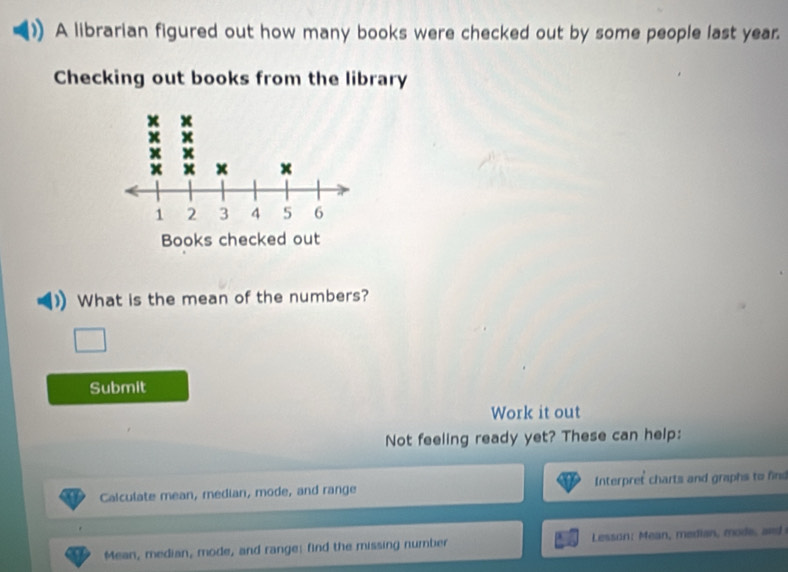 A librarian figured out how many books were checked out by some people last year. 
Checking out books from the library 
What is the mean of the numbers? 
Submit 
Work it out 
Not feeling ready yet? These can help: 
Calculate mean, median, mode, and range Interpret charts and graphs to find 
Mean, median, mode, and range; find the missing number Lesson: Mean, median, mode, and