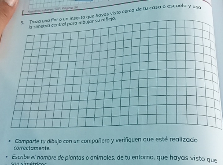 Nuestros saberes. SEP. Página: 96 
5. Traza una flor o un insecto que hayas visto cerca de tu casa o escuela y usa 
la simetría central para dibujar su reflejo. 
Comparte tu dibujo con un compañero y verifiquen que esté realizado 
correctamente. 
Escribe el nombre de plantas o animales, de tu entorno, que hayas visto que 
son simétricos