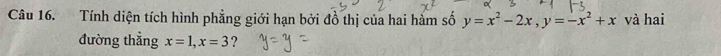 Tính diện tích hình phẳng giới hạn bởi đồ thị của hai hàm số y=x^2-2x, y=-x^2+x và hai 
đường thẳng x=1, x=3 ?