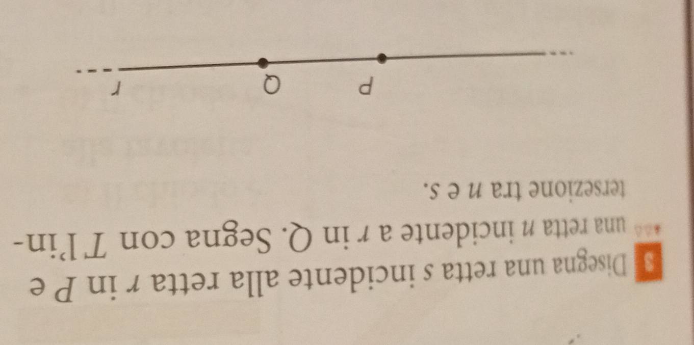 Disegna una retta s incidente alla retta r in P e 
una retta n incidente a r in Q. Segna con Tl’in- 
tersezione trane s.
P
Q
r