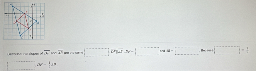 Because the slopes of overline DF and overline AB are the same □ overline DFparallel overline AB· DF=□ and AB=□ Because □ = 1/2 
□ ,DF= 1/2 AB.