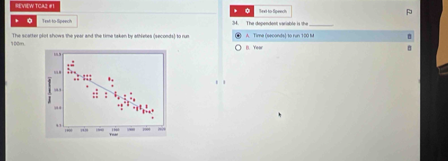 REVIEW TCA2 #1 Text-to-Speech
Text-to-Speech 34. The dependent variable is the_
The scatter plot shows the year and the time taken by athletes (seconds) to run A. Time (seconds) to run 100 M
100m. B. Year
11.5
11.0
10.5
10.0
9.5
196 1900 2000 2020
1900 1920 1940 Year