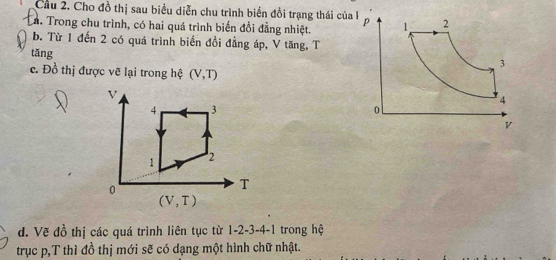 Cầu 2. Cho đồ thị sau biểu diễn chu trình biển đồi trạng thái của 1 p
Ca. Trong chu trình, có hai quá trình biến đổi đẳng nhiệt. 1 2
b. Từ 1 đến 2 có quá trình biển đổi đẳng áp, V tăng, T
tǎng
3
c. Đồ thị được vẽ lại trong hệ (V,T)
4
o
v
d. Vẽ đồ thị các quá trình liên tục từ 1-2-3-4-1 trong hệ
trục p,T thì đồ thị mới sẽ có dạng một hình chữ nhật.