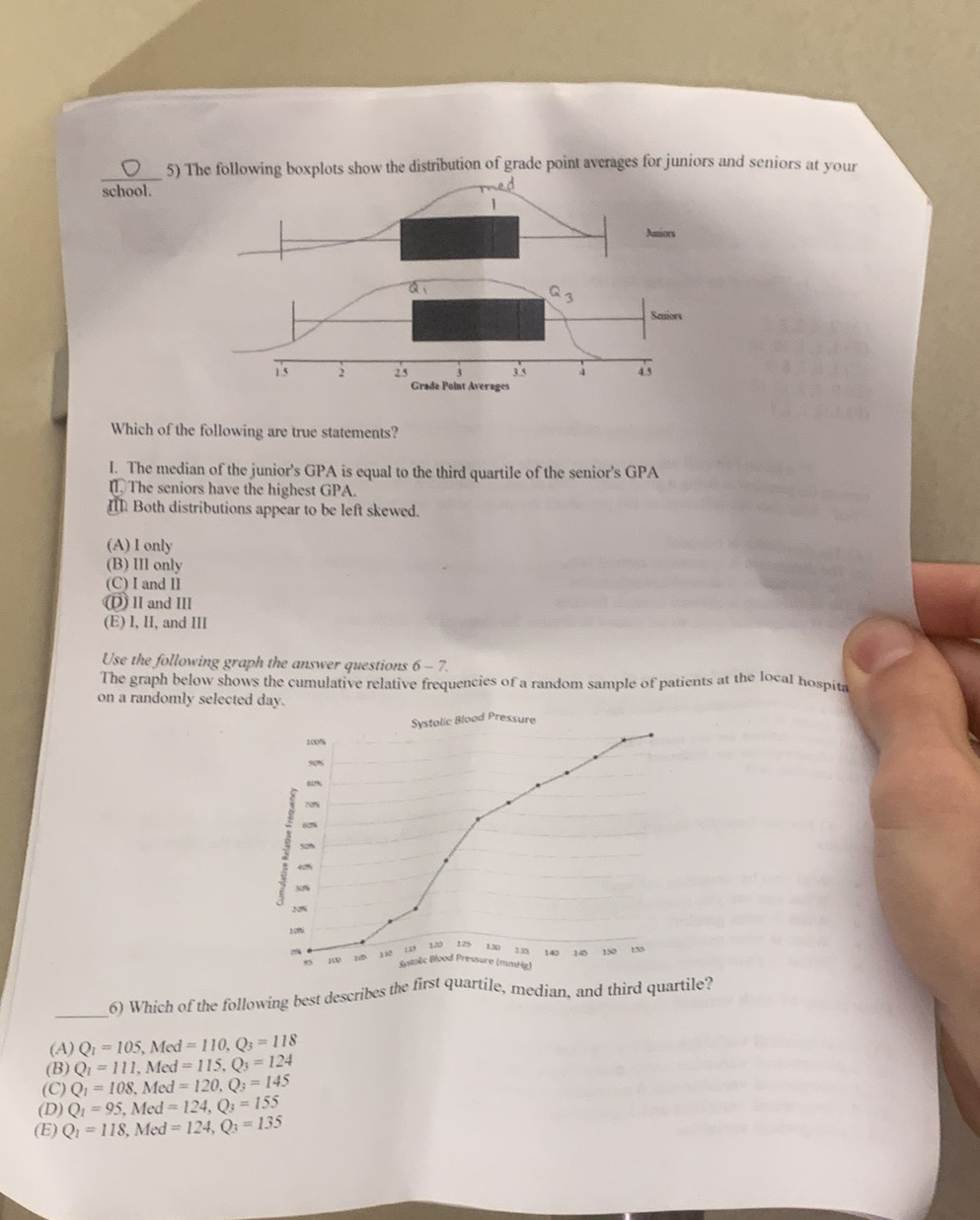 The following boxplots show the distribution of grade point averages for juniors and seniors at your
school.
Which of the following are true statements?
I. The median of the junior's GPA is equal to the third quartile of the senior's GPA
The seniors have the highest GPA.
I Both distributions appear to be left skewed.
(A) I only
(B) IIl only
(C) I and II
II and III
(E) I, II, and III
Use the following graph the answer questions 6 - 7.
The graph below shows the cumulative relative frequencies of a random sample of patients at the local hospita
on a randomly selected day
_6) Which of the following best describes the first quartile, median, and third quartile?
(A) Q_1=105,Med=110,Q_3=118
(B) Q_1=111,Med=115,Q_3=124
(D) Q_1=95,Med=124,Q_3=155 (C) Q_1=108,Med=120,Q_3=145
(E) Q_1=118,Med=124,Q_3=135