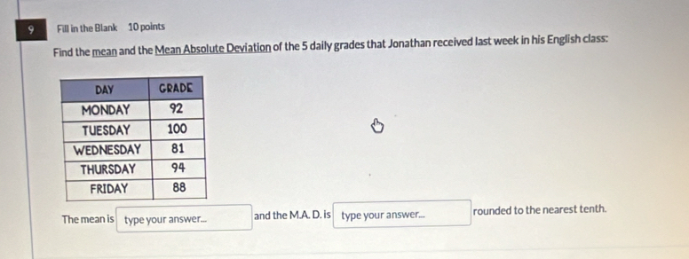 Fill in the Blank 10 points 
Find the mean and the Mean Absolute Deviation of the 5 daily grades that Jonathan received last week in his English class: 
The mean is type your answer... and the M.A. D. is type your answer... rounded to the nearest tenth.