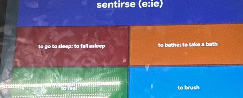 sentirse (e:ie) 
to go to sleep; to fall asleep to bathe; to take a bath 
;;;;;;;;;;;;;;;;;; 00?7????; 4; 4; 111; 1;;;;; 1;;;;;;;;;;;;00;;00; 
to brush