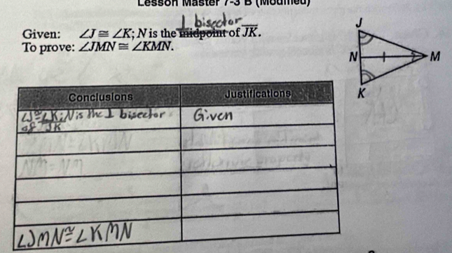 Lesson Mäster 7-3 B (Modmed) 
Given: ∠ J≌ ∠ K; N is the midpoint of overline JK. 
To prove: ∠ JMN≌ ∠ KMN.