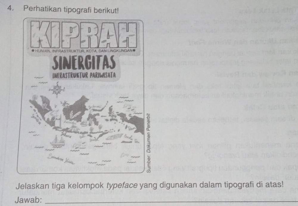 Perhatikan tipografi berikut! 
Jelaskan tiga kelompok typeface yang digunakan dalam tipografi di atas! 
Jawab:_ 
_ 
_