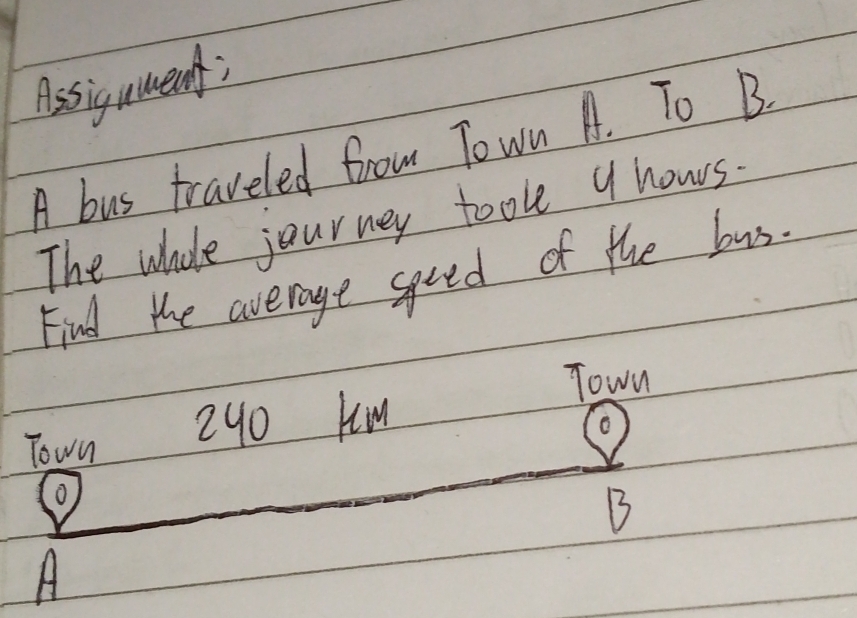 Assigument; 
A bus traveled from Towu A. To B. 
The whole journey took 9 howrs. 
Find the average speed of the bus. 
Town 
Town 24o Km
e 
B 
A