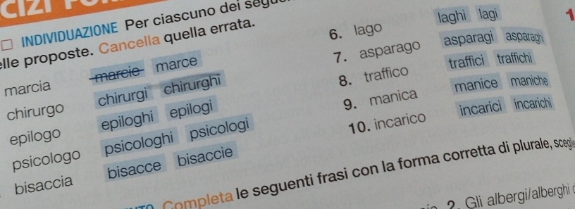 CIIE 
INDIVIDUAZIONE Per ciascuno dei segu 
6. lago 
elle proposte. Cancella quella errata. 
laghi lagi 1 
7. asparago asparagi asparagh 
marcia marcie marce 
traffici traffichi 
chirurgi chirurghi 
manice maniche 
epiloghi epilogi 8. traffico 
chirurgo 
9. manica 
incarici incarichi 
epilogo 
psicologo psicologhi psicologi 
10. incarico 
bisaccia bisacce bisaccie 
* Completa le seguenti frasi con la forma corretta di plurale, scœegí 
liabergi/alberghi