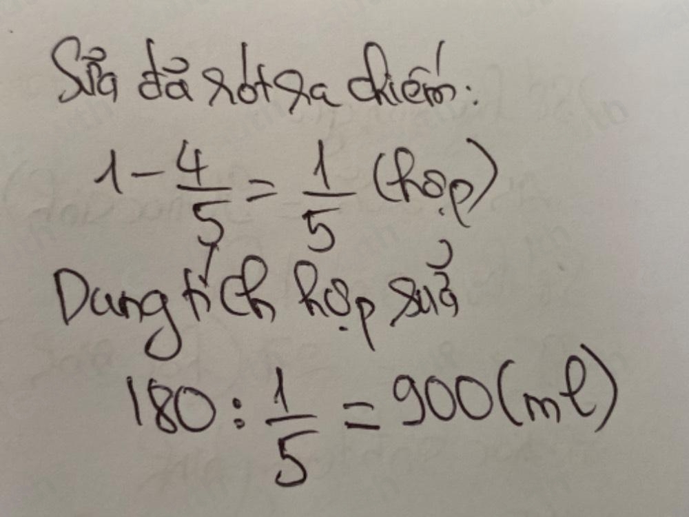 Sin dà ao+a chém
1- 4/5 = 1/5  (4op) 
Dang tic Rp sǒ
180: 1/5 =900(mell )