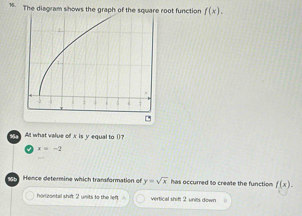 The diagram shows the graph of the square root function f(x). 
16 At what value of x is y equal to ()? 
√ x=-2.. 
165 Hence determine which transformation of y=sqrt(x) has occurred to create the function f(x). 
horizontal shift 2 units to the left A vertical shift 2 units down B