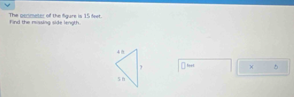 The perimeter of the figure is 15 feet. 
Find the missing side length.
feet
×