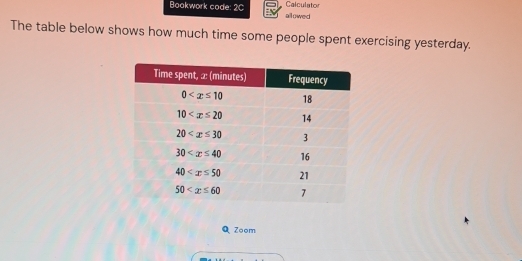 Calculator
Bookwork code: 2c allowed
The table below shows how much time some people spent exercising yesterday.
Zoom