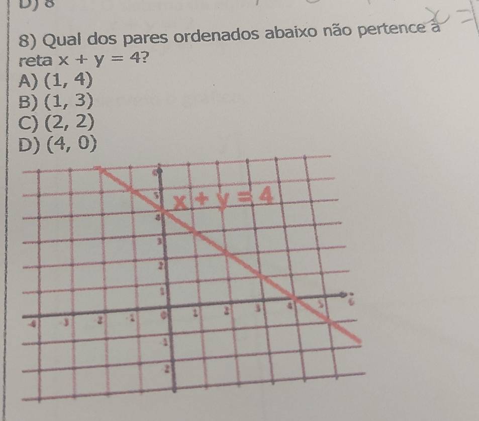 DJ 8
8) Qual dos pares ordenados abaixo não pertence a
reta x+y=4 ?
A) (1,4)
B) (1,3)
C) (2,2)
(4,0)