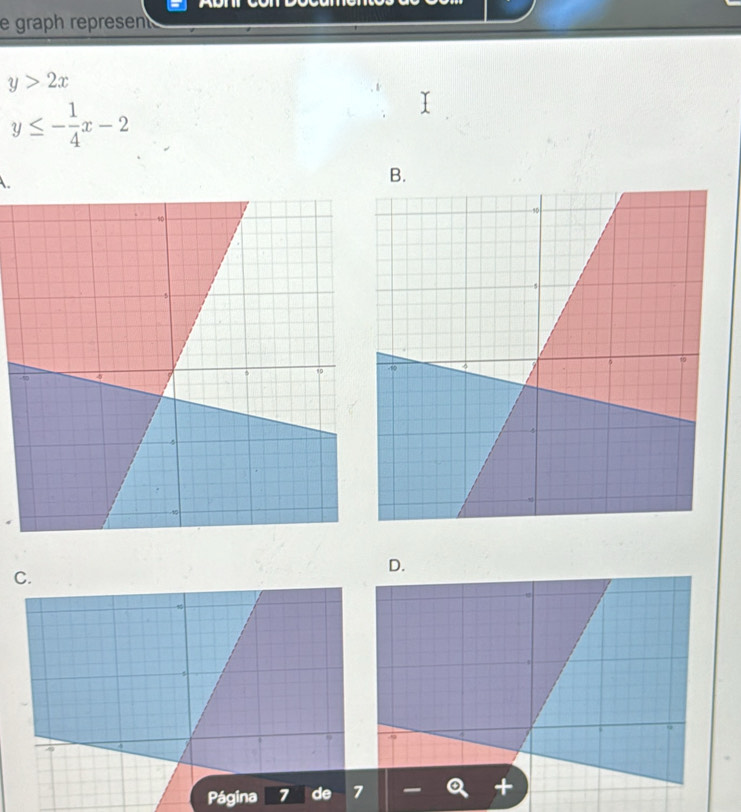 graph represe
y>2x
y≤ - 1/4 x-2
.
B.
C.