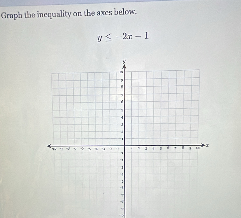 Graph the inequality on the axes below.
y≤ -2x-1
-10