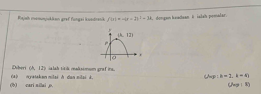 Rajah menunjukkan graf fungsi kuadratik f(x)=-(x-2)^2-3k , dengan keadaan k ialah pemalar.
Diberi (h,12) ialah titik maksimum graf itu,
(a) nyatakan nilai ½ dan nilai k. (Jwp : h=2.k=4)
(b) cari nilai p. (Jwp: 8)