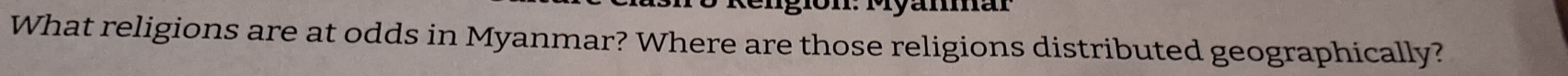 What religions are at odds in Myanmar? Where are those religions distributed geographically?