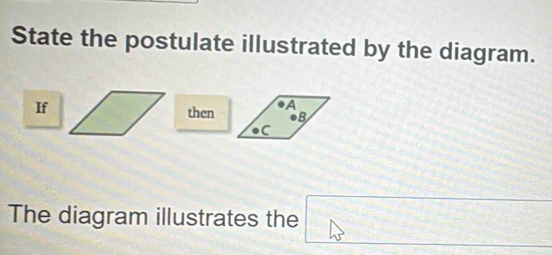 State the postulate illustrated by the diagram. 
If / then 
The diagram illustrates the □