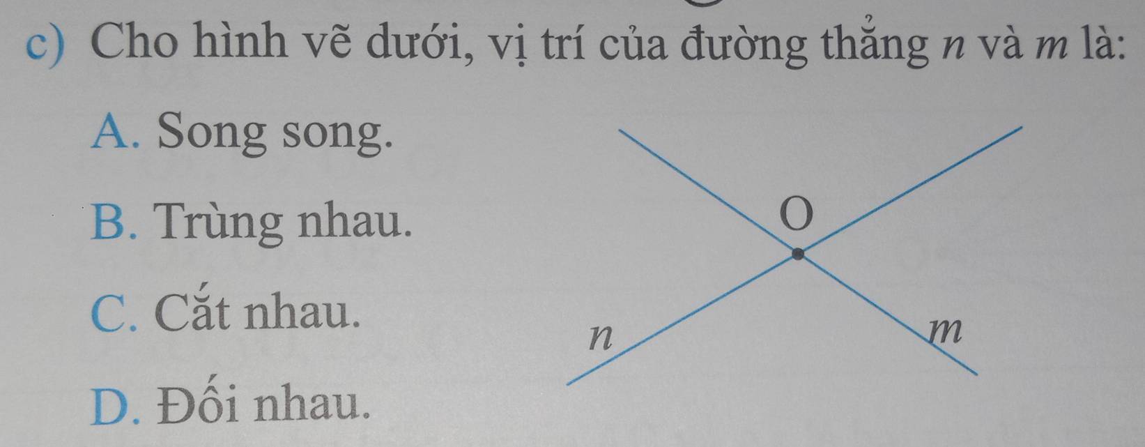 Cho hình vẽ dưới, vị trí của đường thẳng n và m là:
A. Song song.
B. Trùng nhau.
C. Cắt nhau.
D. Đối nhau.