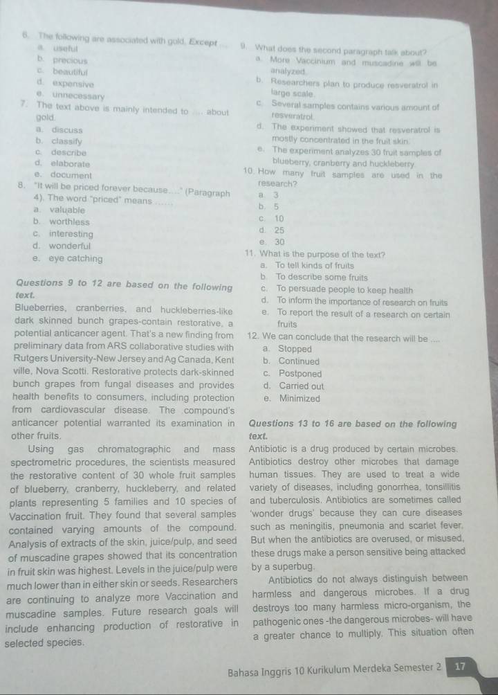 The following are associated with gold. Except 9. What does the second paragraph talk about?
a. useful
b. precious a. More Vaccinium and muscadine will be
analyzed.
c. beautiful b. Researchers plan to produce resveratrol in
d. expensive large scale
e. unnecessary c Several samples contains various amount of
7. The text above is mainly intended to .... about resveratrol
gold. d. The experiment showed that resveratrol is
a. discuss mostly concentrated in the fruit skin.
b. classify
c. describe e. The experiment analyzes 30 fruit samples of
blueberry, cranberry and huckleberry.
d. elaborate 10. How many fruit samples are used in the
e. document research?
8. “It will be priced forever because..." (Paragraph a 3
4). The word "priced" means .....
a. valuable b. 5
b. worthless c. 10
c. interesting d 25
e. 30
d. wonderful 11. What is the purpose of the text?
e. eye catching a. To tell kinds of fruits
b To describe some fruits
Questions 9 to 12 are based on the following c. To persuade people to keep health
text. d. To inform the importance of research on fruits
Blueberries, cranberries, and huckleberries-like e. To report the result of a research on certain
dark skinned bunch grapes-contain restorative. a fruits
potential anticancer agent. That's a new finding from 12. We can conclude that the research will be ....
preliminary data from ARS collaborative studies with a. Stopped
Rutgers University-New Jersey and Ag Canada, Kent b. Continued
ville. Nova Scotti. Restorative protects dark-skinned c. Postponed
bunch grapes from fungal diseases and provides d. Carried out
health benefits to consumers, including protection e. Minimized
from cardiovascular disease. The compound's
anticancer potential warranted its examination in Questions 13 to 16 are based on the following
other fruits. text.
Using gas chromatographic and mass Antibiotic is a drug produced by certain microbes.
spectrometric procedures, the scientists measured Antibiotics destroy other microbes that damage
the restorative content of 30 whole fruit samples human tissues. They are used to treat a wide
of blueberry, cranberry, huckleberry, and related variety of diseases, including gonorrhea, tonsillitis
plants representing 5 families and 10 species of and tuberculosis. Antibiotics are sometimes called
Vaccination fruit. They found that several samples 'wonder drugs' because they can cure diseases
contained varying amounts of the compound. such as meningitis, pneumonia and scarlet fever.
Analysis of extracts of the skin, juice/pulp, and seed But when the antibiotics are overused, or misused,
of muscadine grapes showed that its concentration these drugs make a person sensitive being attacked
in fruit skin was highest. Levels in the juice/pulp were by a superbug.
much lower than in either skin or seeds. Researchers Antibiotics do not always distinguish between
are continuing to analyze more Vaccination and harmless and dangerous microbes. If a drug
muscadine samples. Future research goals will destroys too many harmless micro-organism, the
include enhancing production of restorative in pathogenic ones -the dangerous microbes- will have
selected species. a greater chance to multiply. This situation often
Bahasa Inggris 10 Kurikulum Merdeka Semester 2 17