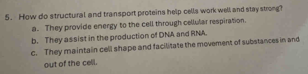 How do structural and transport proteins help cells work well and stay strong?
a. They provide energy to the cell through cellular respiration.
b. They assist in the production of DNA and RNA.
c. They maintain cell shape and facilitate the movement of substances in and
out of the cell.