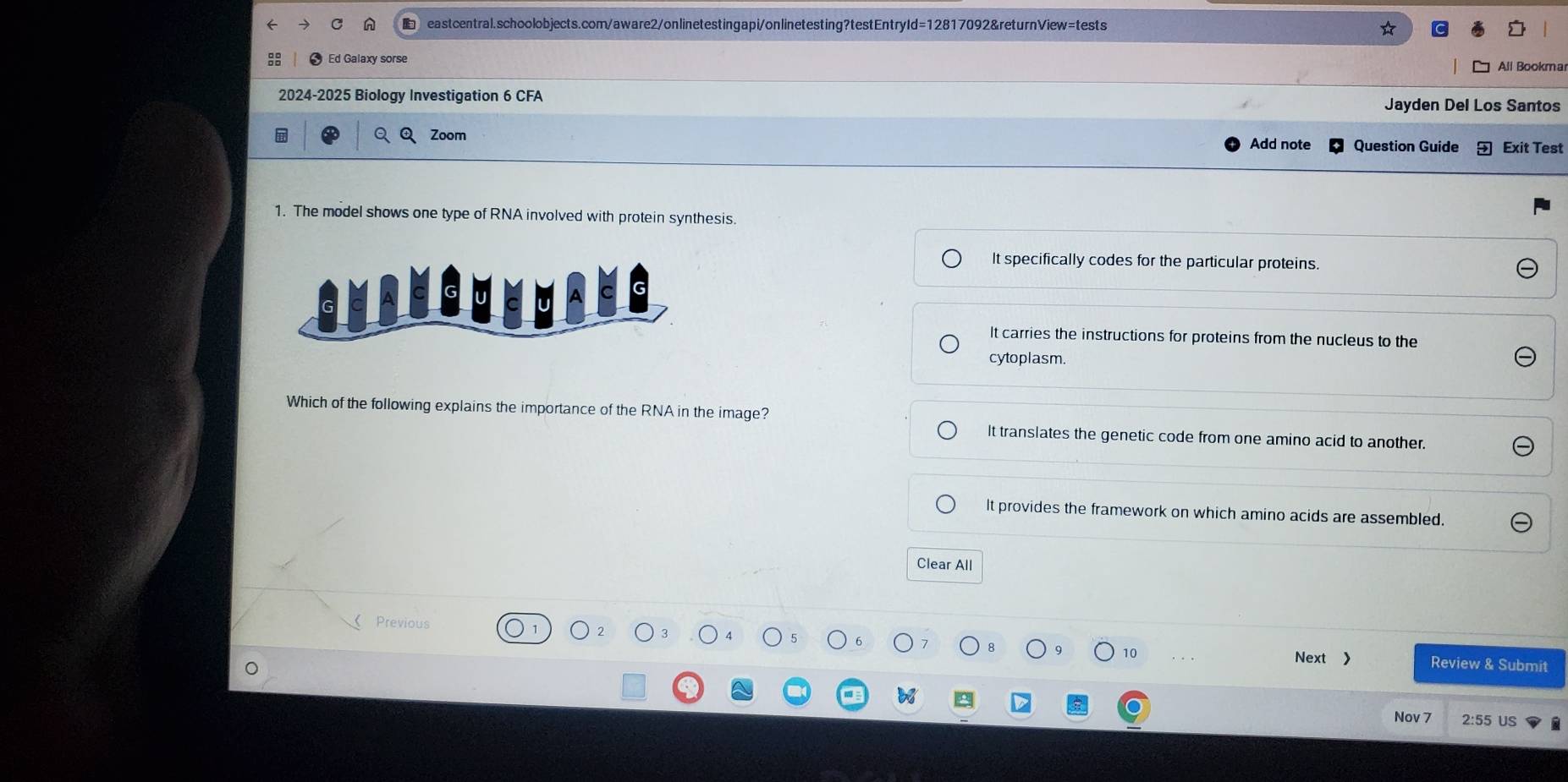 Ed Galaxy sorse
All Bookma
2024-2025 Biology Investigation 6 CFA Jayden Del Los Santos
Zoom Add note Question Guide Exit Test
1. The model shows one type of RNA involved with protein synthesis.
It specifically codes for the particular proteins.
It carries the instructions for proteins from the nucleus to the
cytoplasm.
Which of the following explains the importance of the RNA in the image?
It translates the genetic code from one amino acid to another.
It provides the framework on which amino acids are assembled.
Clear All
Previous
10 Next > Review & Submit
Nov 7 2:55 US
