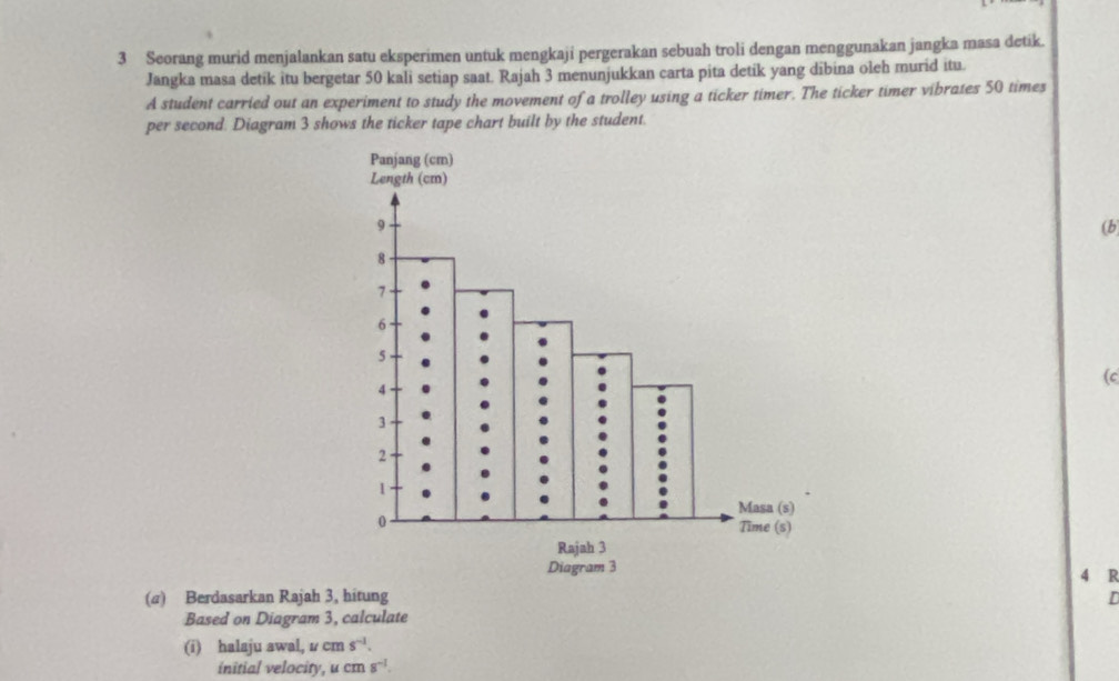 Seorang murid menjalankan satu eksperimen untuk mengkaji pergerakan sebuah troli dengan menggunakan jangka masa detik. 
Jangka masa detik itu bergetar 50 kali setiap saat. Rajah 3 menunjukkan carta pita detik yang dibina oleh murid itu. 
A student carried out an experiment to study the movement of a trolley using a ticker timer. The ticker timer vibrates 50 times
per second. Diagram 3 shows the ticker tape chart built by the student. 
(b 
(c
4 R
(@) Berdasarkan Rajah 3, hitung 
Based on Diagram 3, calculate 
(i) halaju awal, r cms^(-1). 
initial velocity, cms^(-1).
