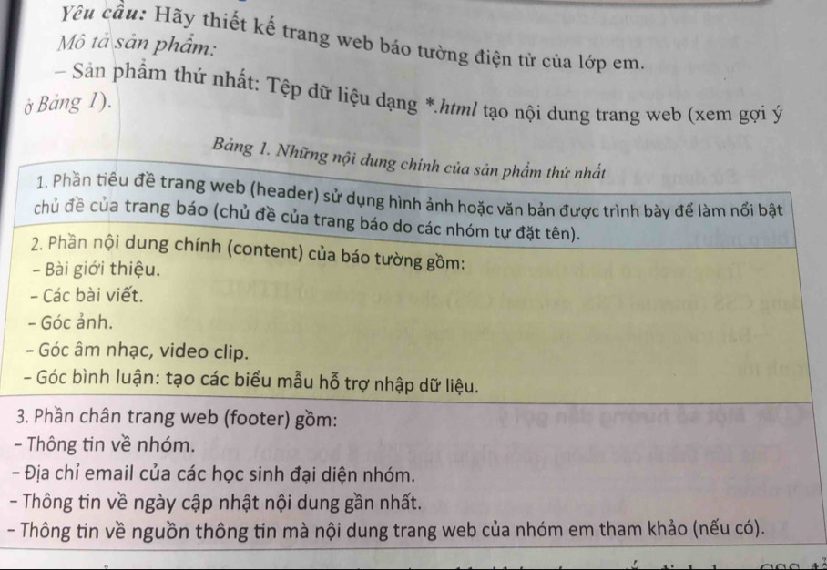 Yêu cầu: Hãy thiết kế trang web báo tường điện tử của lớp em. 
Mô tả sản phẩm: 
- Sản phẩm thứ nhất: Tệp dữ liệu dạng *.html tạo nội dung trang web (xem gợi ý 
ở Bảng 1). 
Bảng 1. Những nội dung chính của sản phẩm thứ nhất 
1. Phần tiêu đề trang web (header) sử dụng hình ảnh hoặc văn bản được trình bày để làm nổi bật 
chủ đề của trang báo (chủ đề của trang báo do các nhóm tự đặt tên). 
2. Phần nội dung chính (content) của báo tường gồm: 
- Bài giới thiệu. 
- Các bài viết. 
- Góc ảnh. 
- Góc âm nhạc, video clip. 
- Góc bình luận: tạo các biểu mẫu hỗ trợ nhập dữ liệu. 
3. Phần chân trang web (footer) gồm: 
- Thông tin về nhóm. 
- Địa chỉ email của các học sinh đại diện nhóm. 
- Thông tin về ngày cập nhật nội dung gần nhất. 
- Thông tin về nguồn thông tin mà nội dung trang web của nhóm em tham khảo (nếu có).