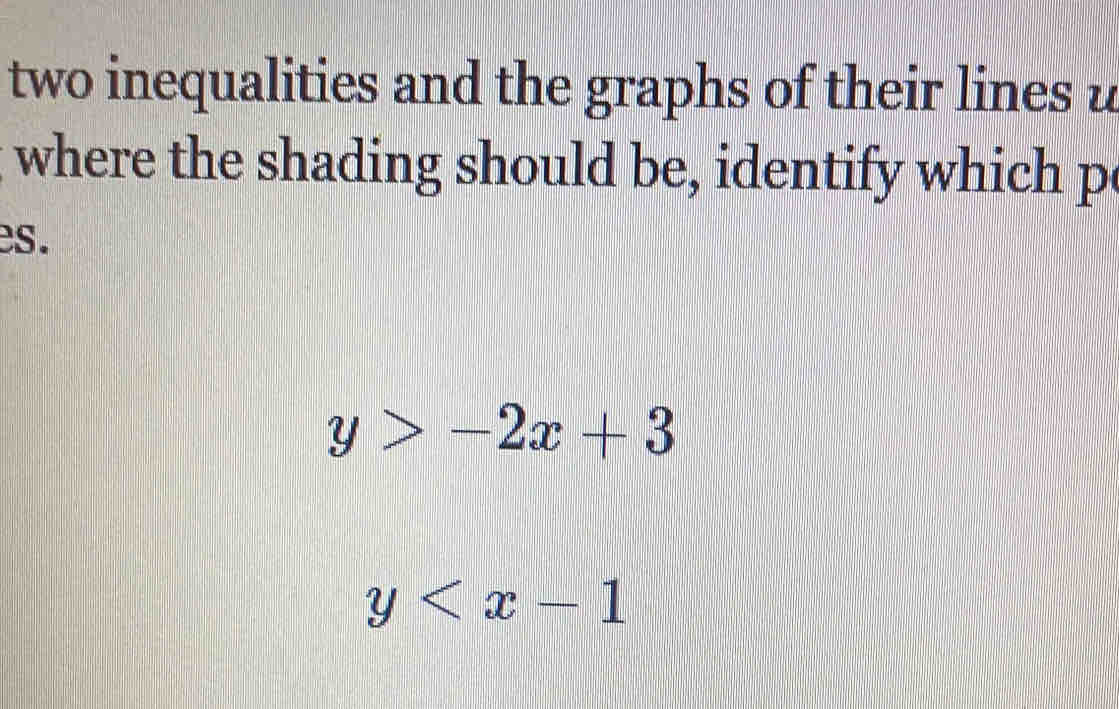 two inequalities and the graphs of their lines u
where the shading should be, identify which p
es.
y>-2x+3
y