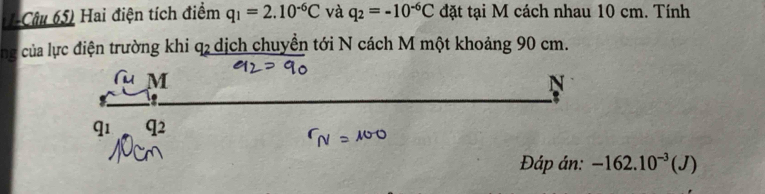 I-Câu 65) Hai điện tích điểm q_1=2.10^(-6)C và q_2=-10^(-6)C đặt tại M cách nhau 10 cm. Tính 
ng của lực điện trường khi q2 dịch chuyển tới N cách M một khoảng 90 cm. 
N 
q1 q2 
Đáp án: -162.10^(-3)(J)