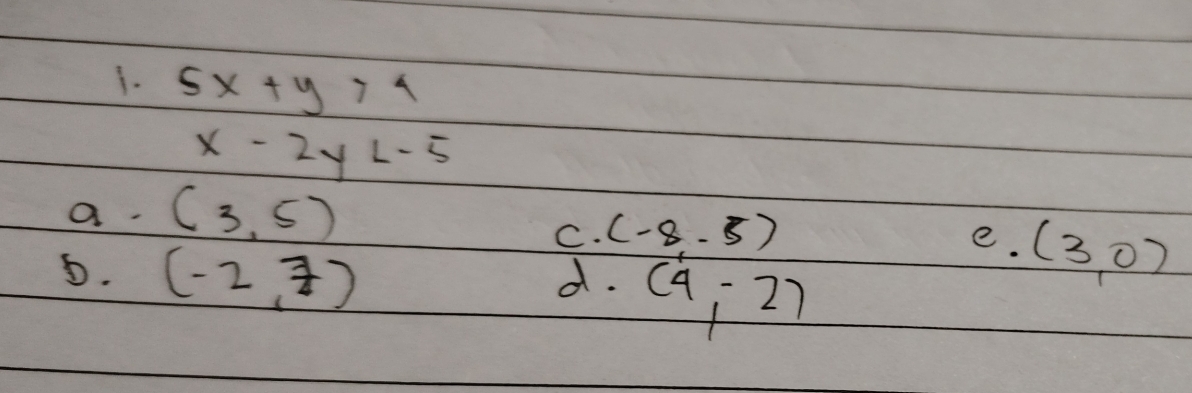 5x+y>4
x-2y
a (3,5)
C. (-8,5) e. (3,0)
6. (-2,7)
d. (4,-2)