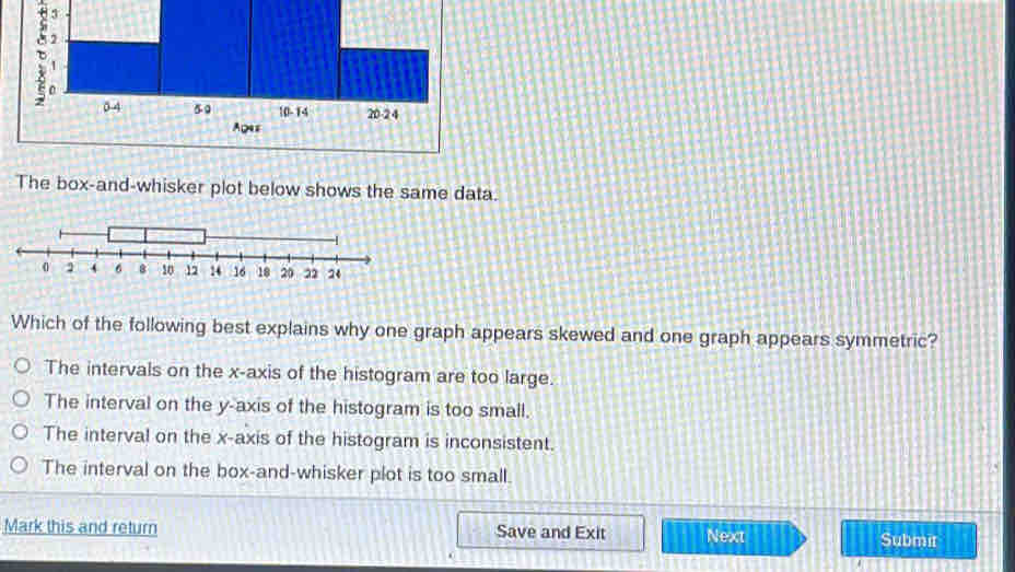 The box-and-whisker plot below shows the same data.
Which of the following best explains why one graph appears skewed and one graph appears symmetric?
The intervals on the x-axis of the histogram are too large.
The interval on the y-axis of the histogram is too small.
The interval on the x-axis of the histogram is inconsistent.
The interval on the box-and-whisker plot is too small.
Mark this and return Save and Exit Next Submit
A