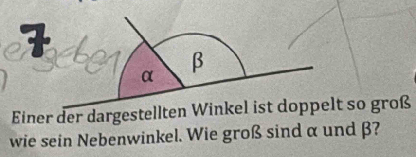 α β
Einer der dargestellten Winkel ist doppelt so groß 
wie sein Nebenwinkel. Wie groß sind α und β?