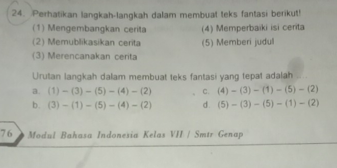 Perhatikan langkah-langkah dalam membuat teks fantasi berikut!
(1) Mengembangkan cerita (4) Memperbaiki isi cerita
(2) Memublikasikan cerita (5) Memberi judul
(3) Merencanakan cerita
Urutan langkah dalam membuat teks fantasi yang tepat adalah ....
a. (1)-(3)-(5)-(4)-(2) C. (4)-(3)-(1)-(5)-(2)
b. (3)-(1)-(5)-(4)-(2) d . (5)-(3)-(5)-(1)-(2)
76 Modul Bahasa Indonesia Kelas VII / Smtr Genap