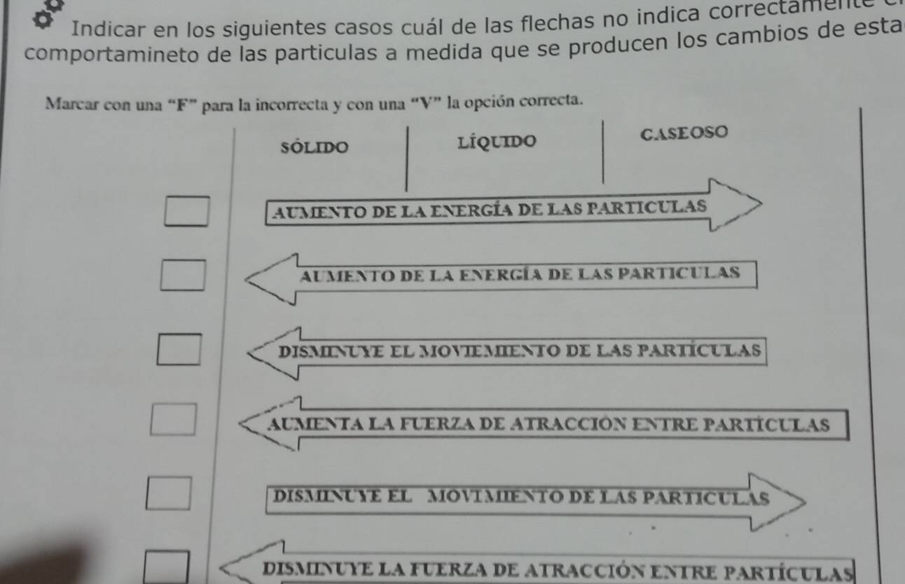 Indicar en los siguientes casos cuál de las flechas no indica correctaments
comportamineto de las particulas a medida que se producen los cambios de esta
Marcar con una “F” para la incorrecta y con una “V” la opción correcta.
sólido LÍQUIDO CASEOSO
aumento de la energía de las particulas
aumento de la energía de las particulas
disminuye el moviemiento de las partículas
aumentA LA FUERZA DE ATracción eNTRE pArtÍCUlAs
DISMINUYE EL MOVTMIENTO DE LAS PARTICULAS
disminuye la fuerza de atracción entre partículas