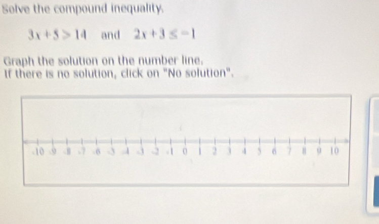 Solve the compound inequality.
3x+5>14 and 2x+3≤ -1
Graph the solution on the number line. 
If there is no solution, click on "No solution".