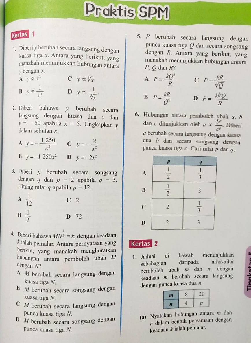 Praktis SPM
Kertas 
5. P berubah secara langsung dengan
punca kuasa tiga Q dan secara songsang
1. Diberi y berubah secara langsung dengan dengan R. Antara yang berikut, yang
kuasa tiga x. Antara yang berikut, yang manakah menunjukkan hubungan antara
manakah menunjukkan hubungan antara P, Q dan R?
y dengan x.
A yalpha x^3 C yalpha sqrt[3](x) A P= kQ^3/R  C P= kR/sqrt[3](Q) 
B yalpha  1/x^3  D yalpha  1/sqrt[3](x) 
B P= kR/Q^3  D P= ksqrt[3](Q)/R 
2. Diberi bahawa y berubah secara
langsung dengan kuasa dua x dan 6. Hubungan antara pemboleh ubah a, b
y=-50 apabila x=5. Ungkapkan y dan c ditunjukkan oleh aalpha  b^9/c^4  Diberí
dalam sebutan x. a berubah secara langsung dengan kıssa
dua b dan secara songsang dengan
A y=- 1250/x^2  C y=- 2/x^2  punca kuasa tiga c. Cari nilai p dan q.
B y=-1250x^2 D y=-2x^2
3. Diberi p berubah secara songsang A
dengan q dan p=2 apabila q=3.
Hitung nilai q apabila p=12.
B
A  1/12  C 2
C
B  1/2  D 72
D
4. Diberi bahawa MN^(frac 1)3=k, , dengan keadaan
k ialah pemalar. Antara pernyataan yang Kertas 2
berikut, yang manakah menghuraikan
hubungan antara pemboleh ubah M 1. Jadual di bawah menunjukkan
dengan N?
sebahagian daripada nilai-nilai
A M berubah secara langsung dengan pemboleh ubah m dan ” dengan a
keadaan m berubah secara langsung
kuasa tiga N.
B M berubah secara songsang dengan dengan punca kuasa dua .
kuasa tiga N.
C M berubah secara langsung dengan 
punca kuasa tiga N.
D M berubah secara songsang dengan (a) Nyatakan hubungan antara m dan
n dalam bentuk persamaan dengan
punca kuasa tiga N. keadaan k ialah pemalar.