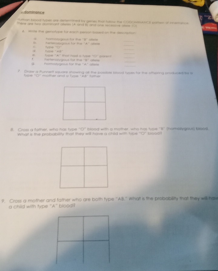A dominance 
Human blood types are determined by genes that follow the COGOMNCE pottern of inhentance 
There are two daminant ateles (A and B) and one recessive atele (O) 
6. Write the genotype for each person based on the description 
a. homozygous for the "B" allele 
_ 
_ 
b. heterazygous for the ''A'' allele 
c. type "O" 
d. type ''AB'' 
_ 
e type ''A'' that had a type ''O'' parent 
_ 
_ 
_ 
f. heterozygous for the ''B'' allele 
_ 
g. homozygous for the ''A'' allele 
7. Draw a Punneft square showing all the possible blood types for the offspring produced by a 
type ''O'' mother and a Type ''AB'' father 
8. Cross a father, who has type ''O'' blood with a mother, who has type ''B'' (homazygous) blood. 
What is the probability that they will have a child with type "'O' blood? 
9. Cross a mother and father who are both type '' AB.' What is the probability that they will hav 
a child with type ''A'' blood?