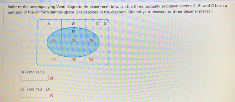 Refer to the accompanying Venn diagram. An experiment in which the three mutually exclusive events A, B, and C form a 
partition of the uniform sample space S is depicted in the diagram. (Round your answers to three decimal places.) 
(a) Find P(D). 
× 
(b) Find P(B|D).
x