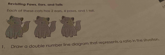 Revisiting Paws, Ears, and Tails 
Each of these cats has 2 ears, 4 paws, and 1 tail. 
1. Draw a double number line diagram that represents a ratio in the situation.